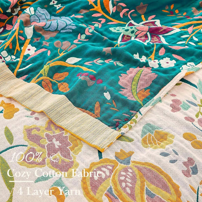 Boho Throw Blanket for Bed, 100% Cotton Soft Rustic Quilt Fall Blanket, 50"x60" Yellow Floral Printed Farmhouse Decor Bed Blankets, All Season Rustic Reversible Bohemian Throw Quilt