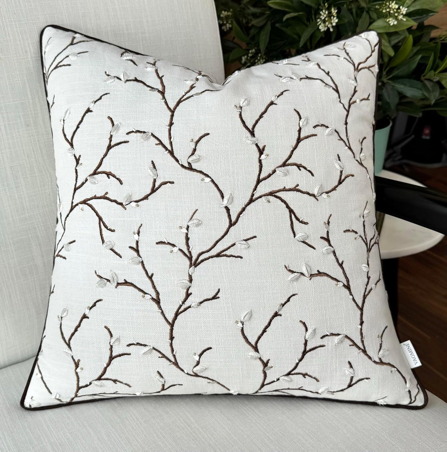VAGMINE Embroidered Pussy Willow Throw Pillow Cover - 20x20 Inches Square - 100% Cotton Ivory Cushion Cover - Delicate Floral Stitchwork - Chic Home Accent for Sofa, Lounge, Rustic Farmhouse Décor