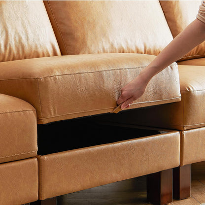 U-Shape Modular Sofa Couch 128" Modern 4-Seat Sofa with Chaises, Upholstered Sectional Couch with Wood Square Legs for House, Living Room, Reception Room, Apartment, Tan