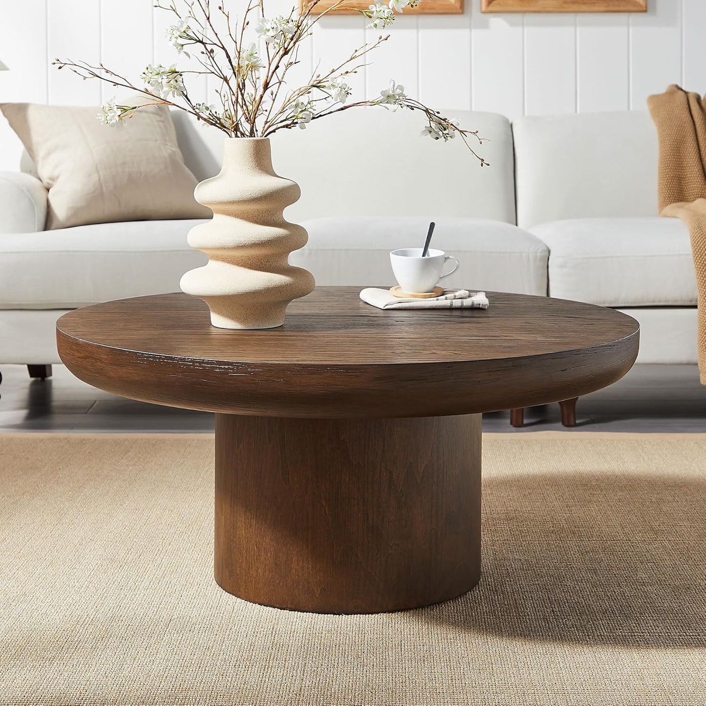 WILLIAMSPACE 35.98" Round Coffee Table with Cylindrical Base, Modern Wood Drum Center Table, Accent Side End Table for Living Room Apartment, φ35.98"*15.98"H (Dark Brown)