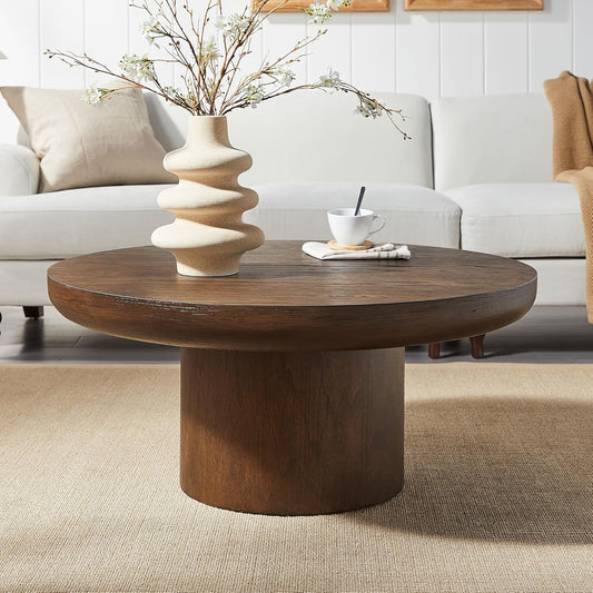 WILLIAMSPACE 35.98" Round Coffee Table with Cylindrical Base, Modern Wood Drum Center Table, Accent