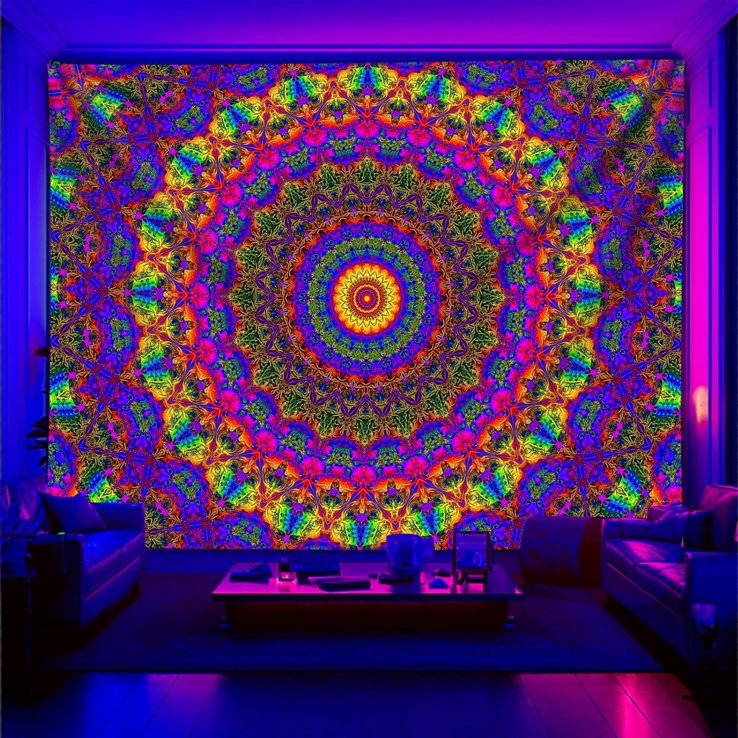 PSYHILAR Blacklight Mandala Boho Tapestry, Black Light Bohemian Hippie Poster for Adults and Teens, Aesthetic Colorful UV Reactive Wall Art Decor for Bedroom (60 x 50 Inches)