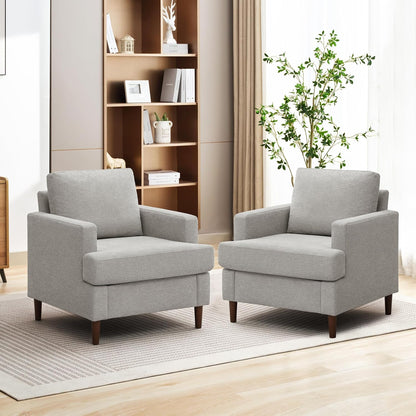 Mid-Century Accent Chair,Modern Linen Fabric Armchair for Living Room,Comfy Upholstered Reading Accent Chairs for Bedroom,Single Sofa Chair with Wood Legs (Light Grey, 2 Pack)