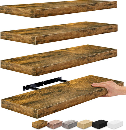 Sorbus Floating Shelves for Wall - 24" Bathroom Shelves, Wall Decor for Bedroom, Kitchen, Living Room, Home Decor & Book storage - Mounted Floating Shelf with Invisible Brackets (Rustic Brown, 4 Pack)