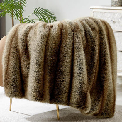 DREAMNINE Premium Luxury Fuzzy Animal Skin Faux Fur Throw Blanket 50" x 60", Double Sided Thick Shaggy Lion Fluffy Bear Lap Blankets, Soft Decorative Cozy Wolf Warm Winter Fox Furry Blanket,Gold Brown