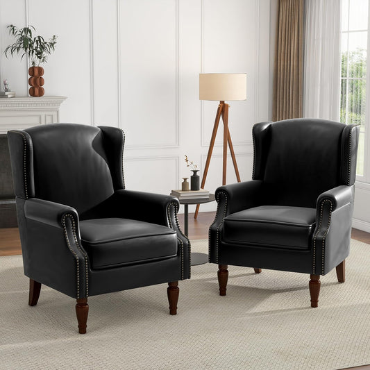 UIXE Faux Leather High Back Accent Chairs Set of 2, Upholstered Armchair for Living Room, Retro