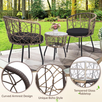 Kromax 3 Piece Bistro Set, Modern Outdoor Wicker Patio Furniture with Tempered Glass Table Top and 2 Chairs, Washable Cushions, Natural Rattan and Black Cushion