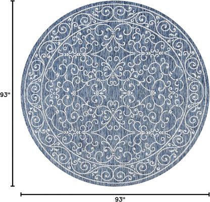 JONATHAN Y Vintage Filigree Indoor Outdoor Round Area Rug 8 Ft Navy/Gray, Charleston Textured Weave for Backyard, Patio, Porch, Easy-Cleaning, High Traffic, Pet-Friendly, Non-Shedding (SMB106D-8R)