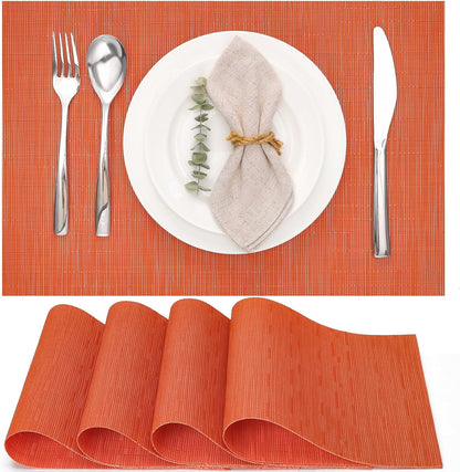 Myir JUN Placemats Set of 4, Vinyl Woven Placemats Place Mats Indoor Set of 4 Washable Table Mats Non-Slip Place mats for Dining Table (Orange, Set of 4)