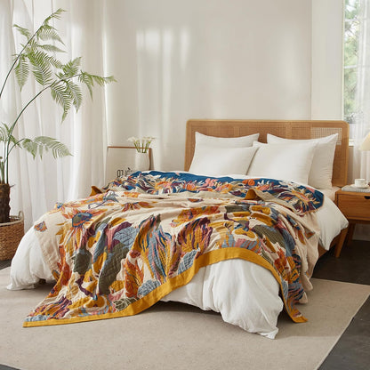 Boho Throw Blanket for Bed 90”x98”, 100% Cotton Woven Blanket for Couch Sofa, Ultra Soft 4-Layer Muslin Quilt with Vintage Floral Printed, Farmhouse Bed Blanket/Cover for Living Room Decor