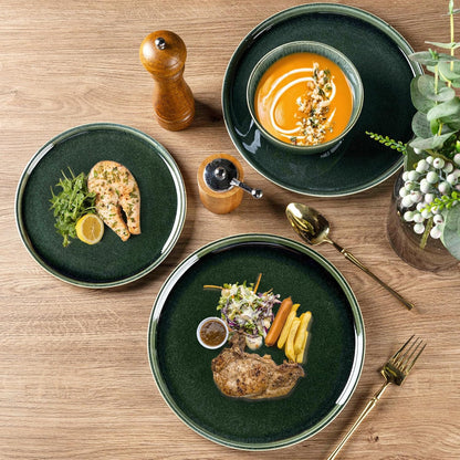 GBHOME Ceramic Dinnerware Sets for 4, 12 Pieces Stoneware Plates and Bowls Sets, Scratch Resistant Dishes, Dishwasher & Microwave Safe, Reactive Glaze-Earth Green