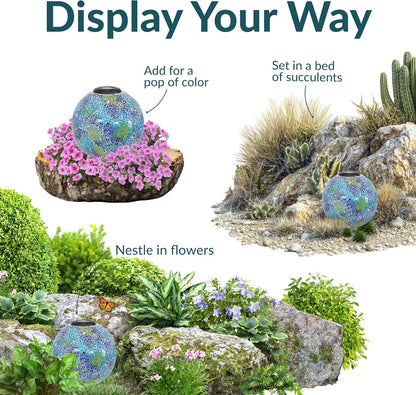 Sunnydaze Azul Terra 10" Crackled Glass Garden Gazing Globe with LED Solar Light - Set of 2