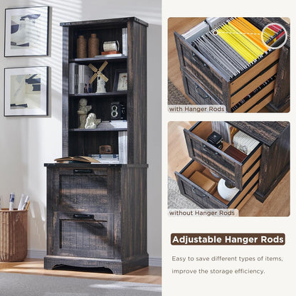 RedLemon Bookcase with 2 File Drawers, 72" Tall Farmhouse Bookshelf with Storage and Adjustable Shelves, 4 Tier Rustic Wood Bookshelf with Cabinet for Home Office, Living Room (Dark Rustic Oak)