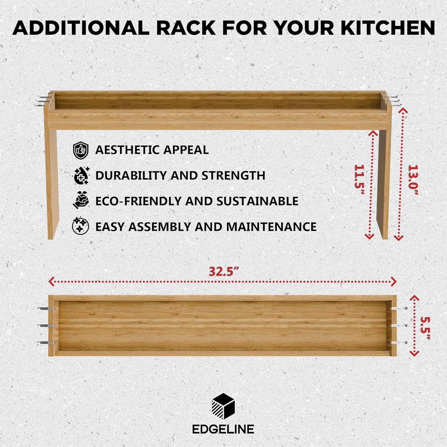 Edgecrest Bamboo Over The Stove or Sink Modern Spice Shelf, No Annoying Middle Screw, 31.5” Wide Storage, 11.4” High Countertop Shelf, 6 Side Hooks, Easy to Assemble, Eco-Friendly Durable Material