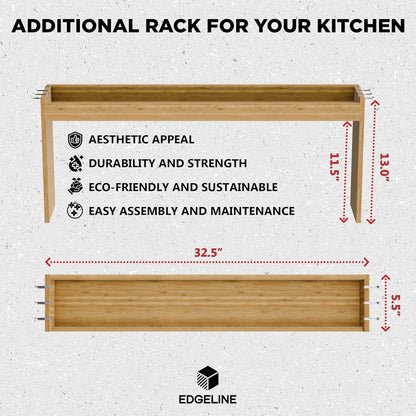 Edgecrest Bamboo Over The Stove or Sink Modern Spice Shelf, No Annoying Middle Screw, 31.5” Wide Storage, 11.4” High Countertop Shelf, 6 Side Hooks, Easy to Assemble, Eco-Friendly Durable Material