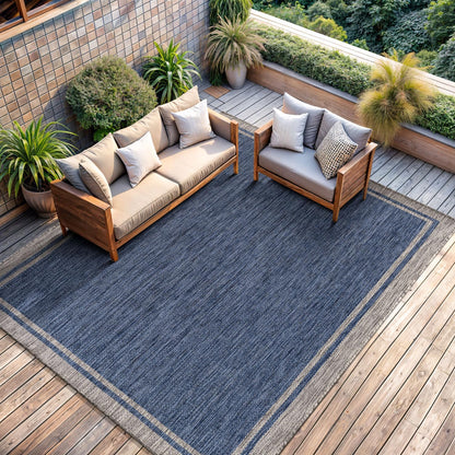 CAMILSON Indoor Outdoor Rug, 10x14 Bordered Navy Blue Gray Modern Large Area Rugs for Indoor and Outdoor Patios, Porches Waterproof Washable Porch Deck Outside Carpet (Bordered Navy, 10 x 14)