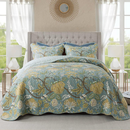 NEWLAKE Cotton Bedspread Quilt Sets-Reversible Patchwork Coverlet Set, Green Floral Pattern, King Size