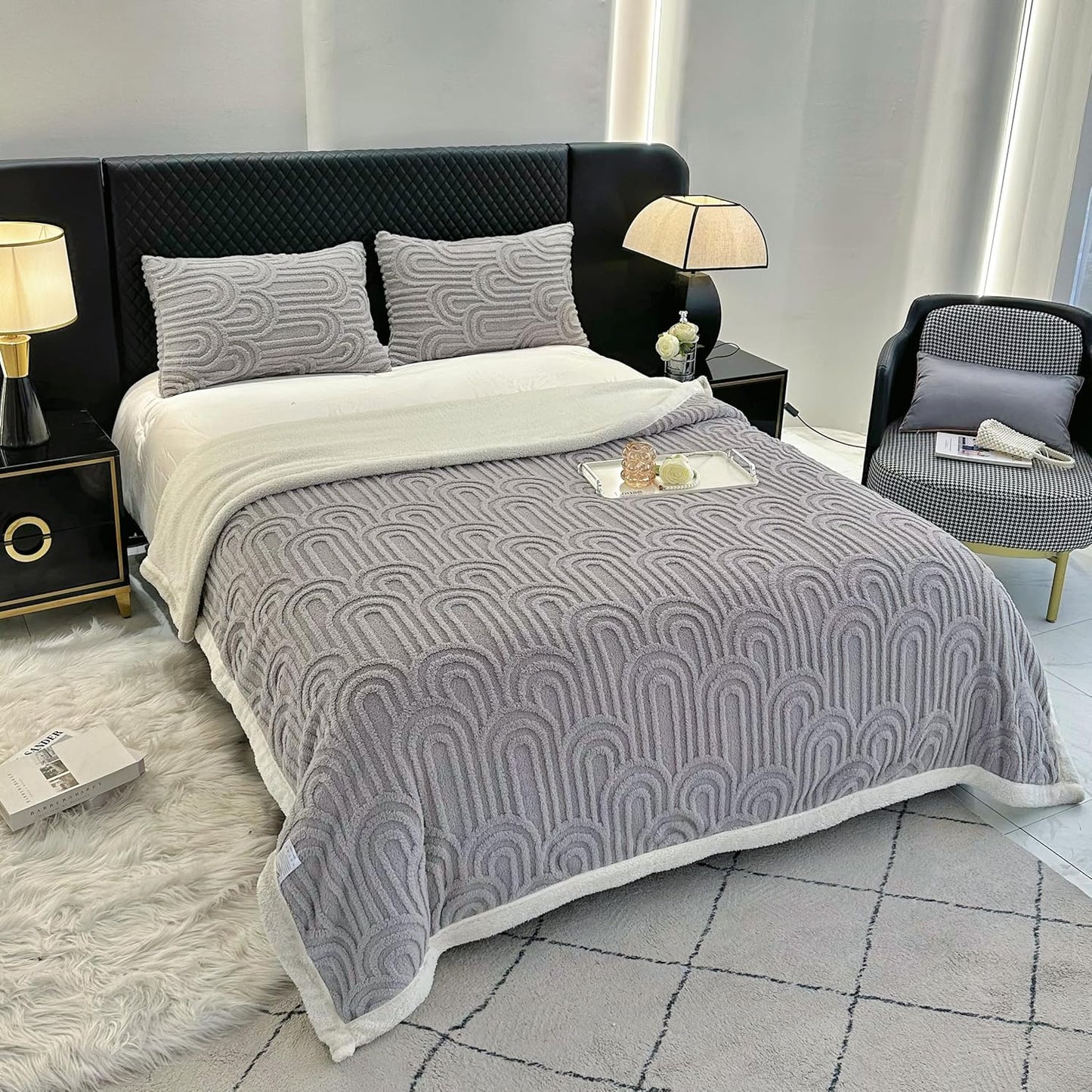 UKELER Sherpa Bed Blanket 80 × 90 inch, Ultra Soft Queen Size Throw Blanket for All Season, Cozy Plush Arch Fleece Blankets for Bedroom Living Room Dorm Hostel Sofa Camping, Grey