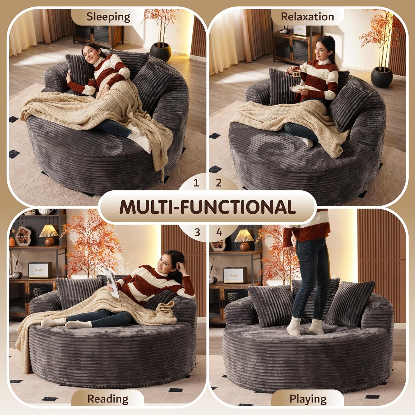 ovios 58" Oversized Round Chair Lounge Chaise Indoor, No Assembly Required, Cloud Large Circle Chair with Plush Fuax Fur, Fluffy Modern Sleeper Sofa Bed for Reading Yoga, Grey (Plush Corduroy Fabric)