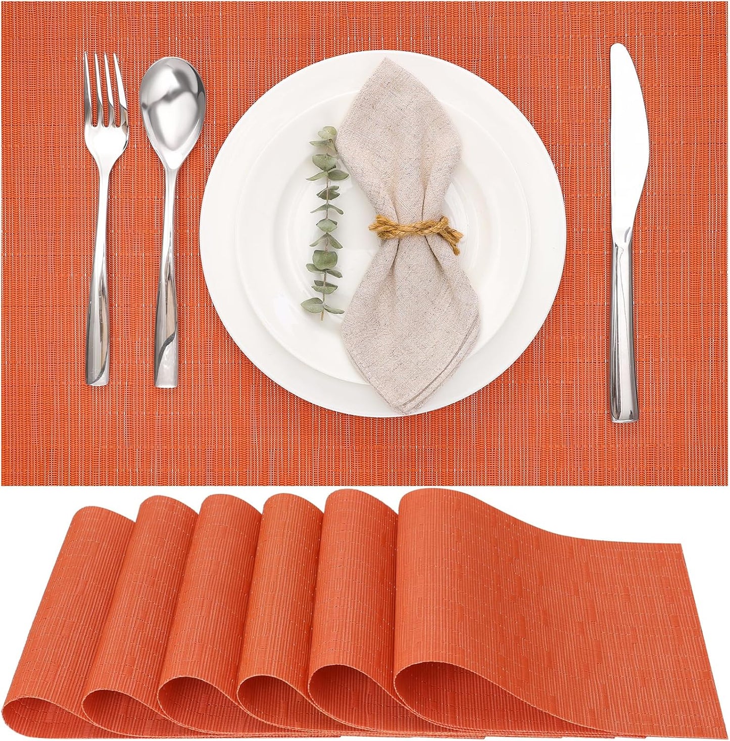 Myir JUN Placemats Set of 6, Vinyl Woven Placemats Place Mats Indoor Washable Table Mats Non-Slip Place mats for Dining Table (Orange, Set of 6)