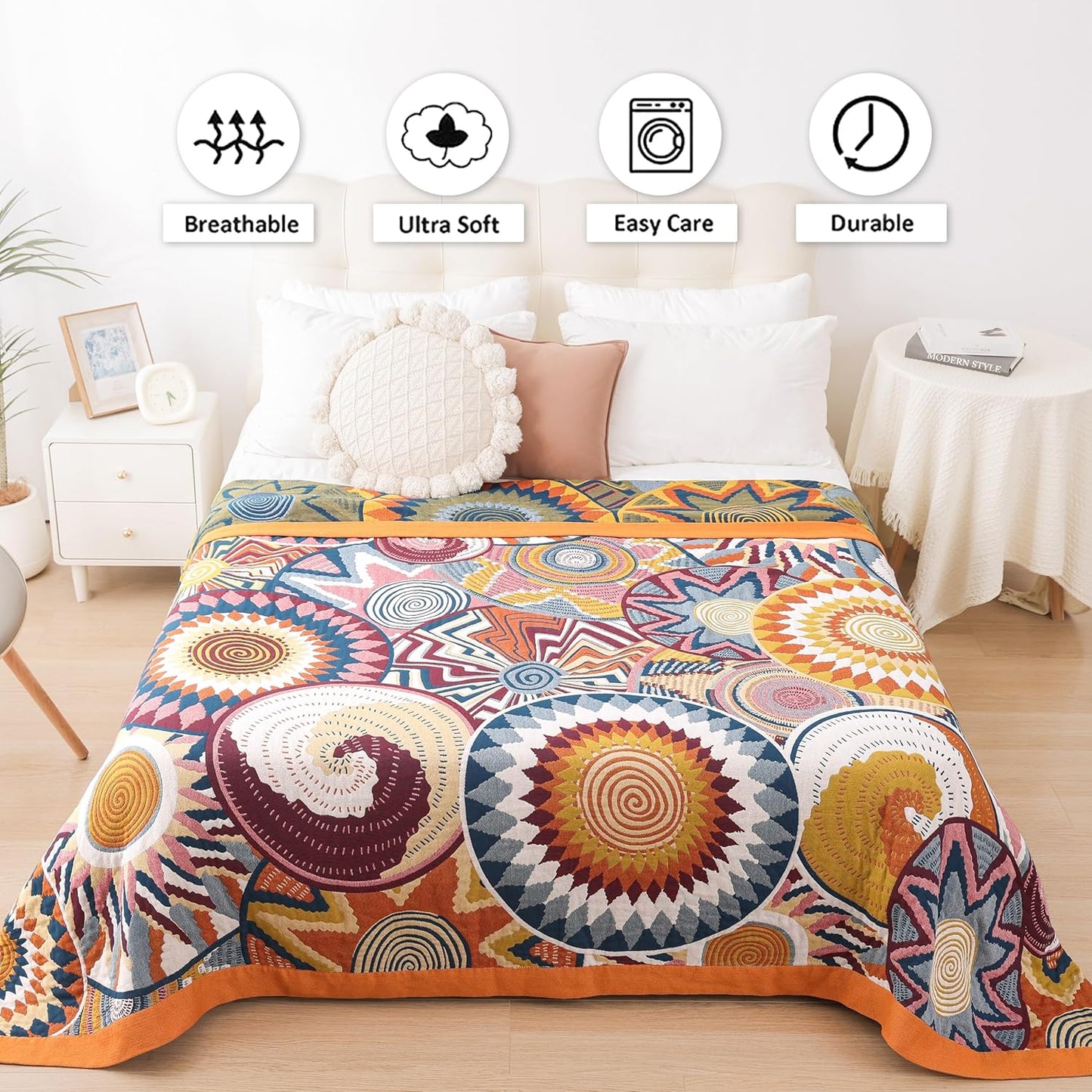 Boho Throw Blanket, 100% Organic Muslin Cotton Breathable Ultra Soft Bed Quilt Throw - All Season Floral Bird Butterfly Farmhouse Decor Blanket for Sofa Couch Chair and Gift. 60" x 80"