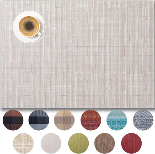 Placemats Set of 6 - Easy Clean Woven Vinyl Placemats for Dining Table, Indoor/Outdoor Place Mats, Washable PVC Table Mats （Pale Beige）