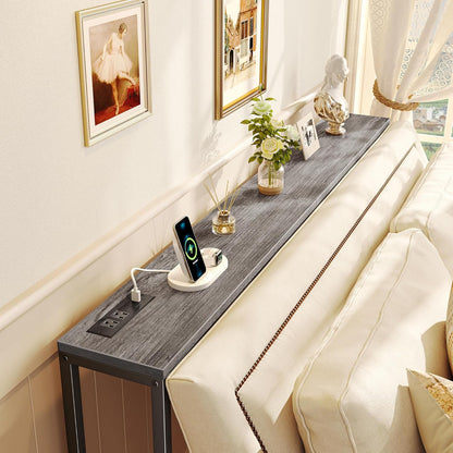 SUPERJARE Console Table with Outlet, 63 Inch Sofa Table with Charging Station, Narrow Hallway Entryway Table, Behind Couch Table Skinny for Entryway, Living Room, Plants, Charcoal Gray