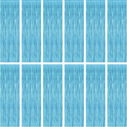 12 Pack Party Decorations, 3.28 FT x 7.05 FT Sky Blue Curtains, Metallic Party Streamers Photo Booth Backdrop Foil Fringe Curtains, Light Blue Winter Wonderland Backdrop Birthday Decor