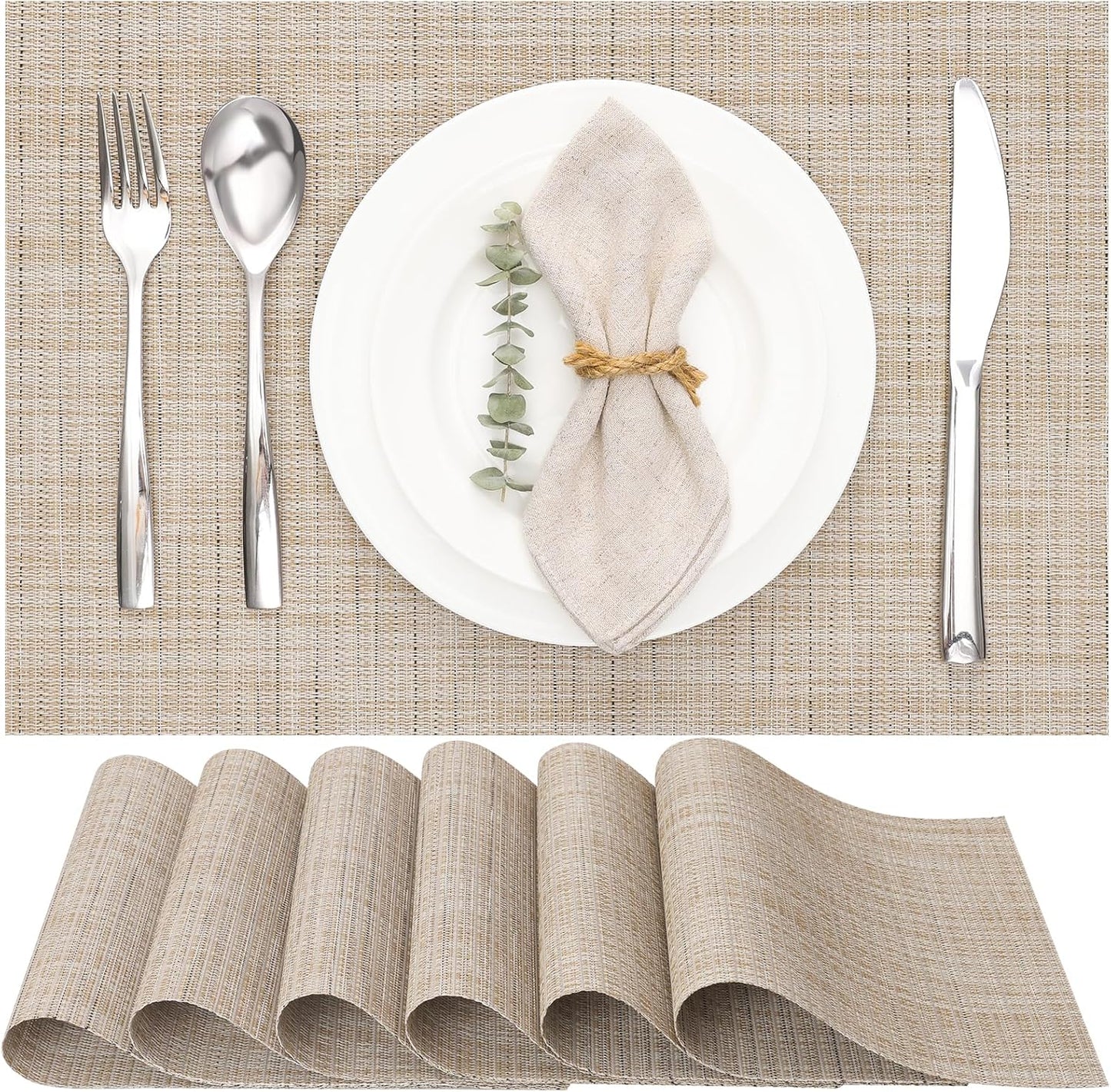 Myir JUN Placemats Set of 6, Vinyl Woven Placemats Place Mats Indoor Washable Table Mats Non-Slip Place mats for Dining Table (Beige, Set of 6)