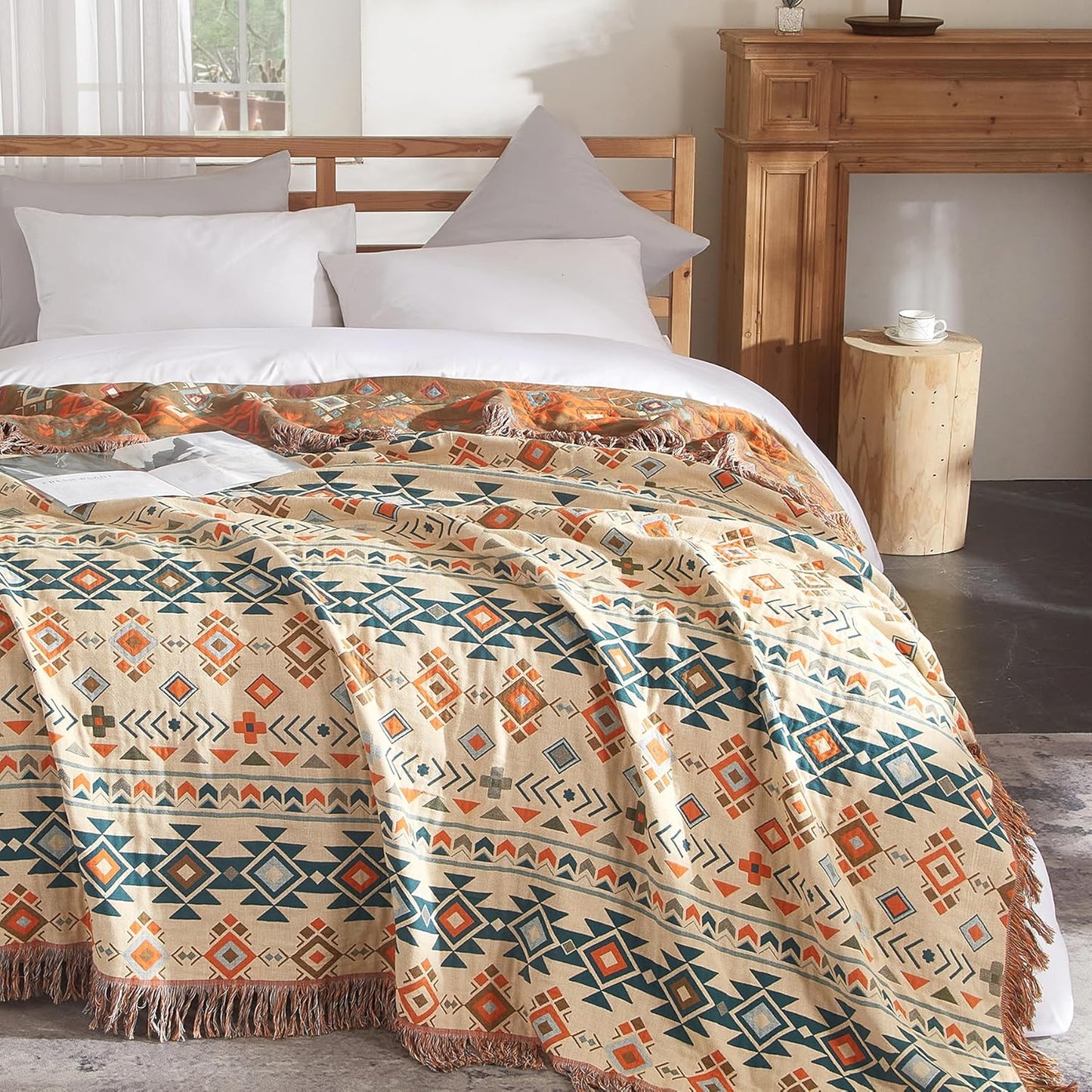 Boho Throw Blanket for Couch Sofa Bed, 100% Cotton Woven Quilt with Tassel 80”x90”, Super Soft Muslin Blanket with Patchwork Printed, Decorative Reversible Bed Blanket/Cover for All Seasons