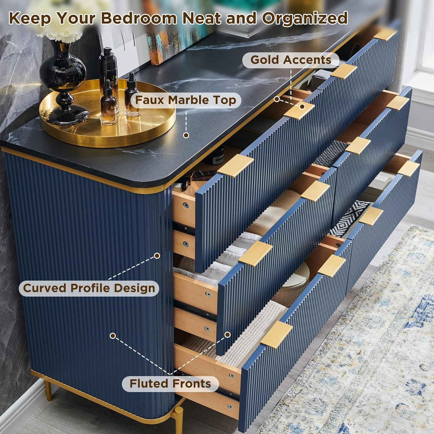 T4TREAM Fluted 6 Drawers Dresser for Bedroom, 54" Wide Modern Dresser TV Stand, Gold Accents, Fluted Fronts, Wood Storage Dressers Organizer for Bedroom, Living Room, Navy Blue