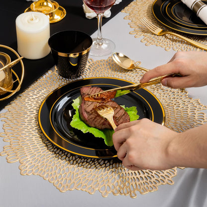 350 Pieces Black and Gold Plastic Plates with Disposable Silverware, Include 50 Dinner Plates 9”, 50 Dessert Plates 6.3”, 50 Black Cups 9 OZ, 50 Pre Rolled Napkins for Halloween new year