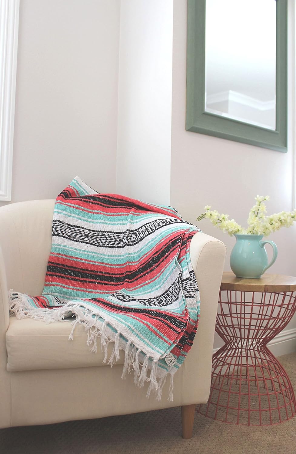 Del Mex Classic Mexican Blanket, Large Authentic Woven Falsa Throw (70"x50"), Artisan Southwest Décor for Beach, Yoga, Outdoors (Pink/Mint)