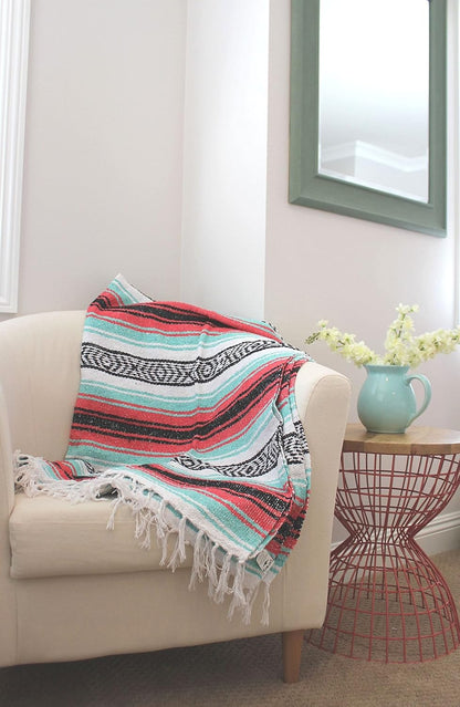 Del Mex Classic Mexican Blanket, Large Authentic Woven Falsa Throw (70"x50"), Artisan Southwest Décor for Beach, Yoga, Outdoors (Pink/Mint)