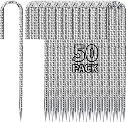 12 inch Fence Stakes Heavy Duty 50-Pack J Hook Rebar Ground Stakes Anchor Galvanized Tent Stakes for Outdoor Decorations Inflatables Metal Stakes for Wire Fencing