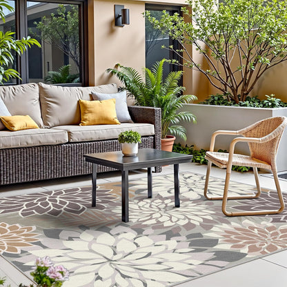 Indoor Outdoor Area Rug Washable Multicolored Patio Rug Tropical Botanical Modern Floral Indoor Outdoor Carpet Brown White Rug Non Slip Non Shedding for Patio, Deck, Backyard, Porch (8x10)