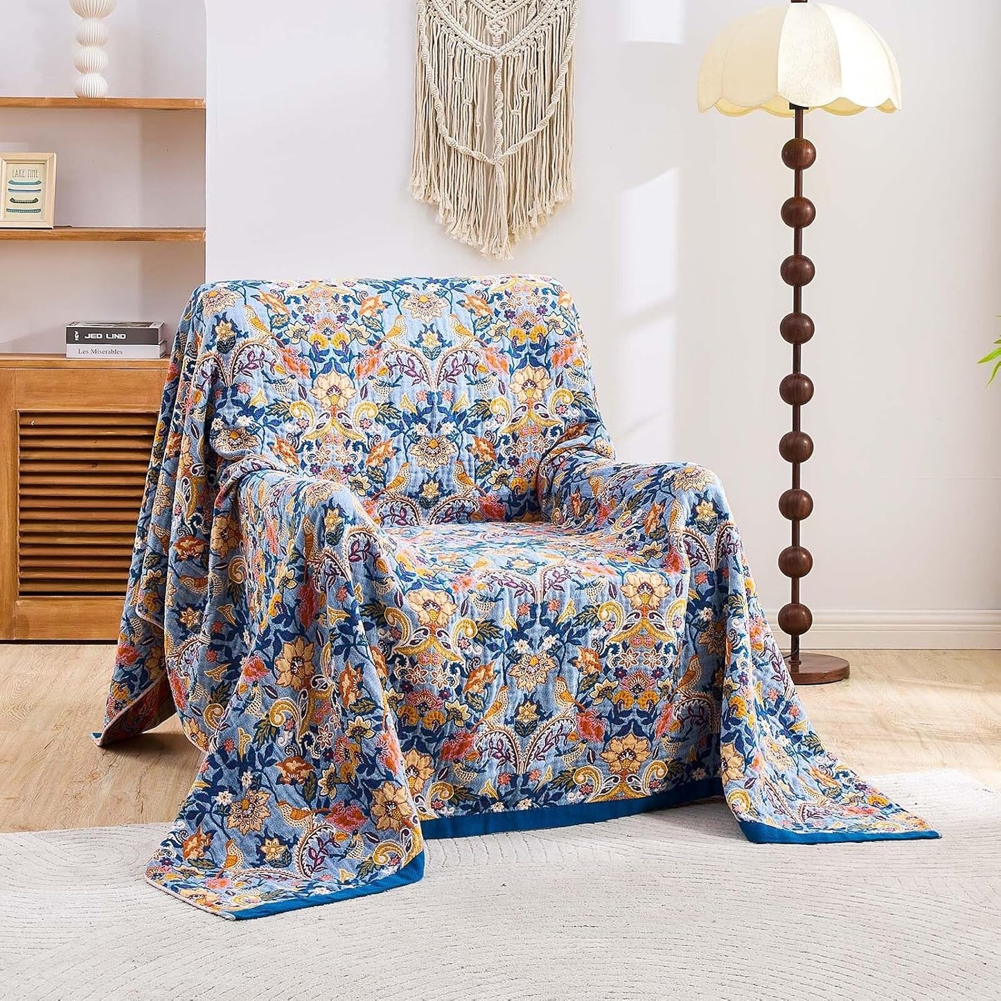 Boho Throw Blanket for Bed, 100% Cotton Soft Rustic Quilt Fall Blanket, 60"x80" Floral Printed Farmhouse Decor Bed Blankets, All Season Rustic Reversible Bohemian Throw Quilt