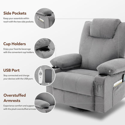 Swivel Rocker Recliner Chair with Heat and Massage, 360 Degree Swivel Recliner Chair with Cup Holders and USB Port, Big Oversized Rocking Single Sofa for Living Room (Fabric, Grey)