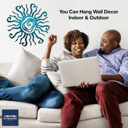 Riverside Designs Wacky Sun Metal Wall Art Indoor/Outdoor Decor - 36" Teal Rust Proof Wall Sculpture - Made in USA - Ideal for Bedroom, Garden, Home, Patio and Farmhouse