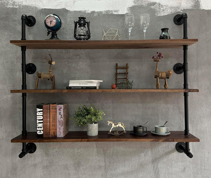 Industrial Pipe Wall Shelves Pipe Shelving with Real Wood Plank ,48 Inches Floating Shelves for Wall Farmhouse Pipe Book Shelves Dark Brown 3 Tier for Kitchen,Living Room Decor and Bar Shelving