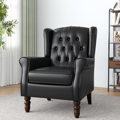 High Back Accent Chair,Upholstered Faux Leather Wingback Armchair with Solid Wood Legs for Small Spaces,Comfy Single Sofa Chair for Living Room,Bedroom,Office-Black