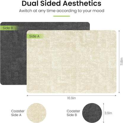 Faux Leather Dual Sided Placemats Set of 4, Square Non-Slip Heat Resistant Placemats with Coaster, Reversible wipeable Waterproof Table Mats for Kitchen, Dining, Outdoor (4, Black Beige)