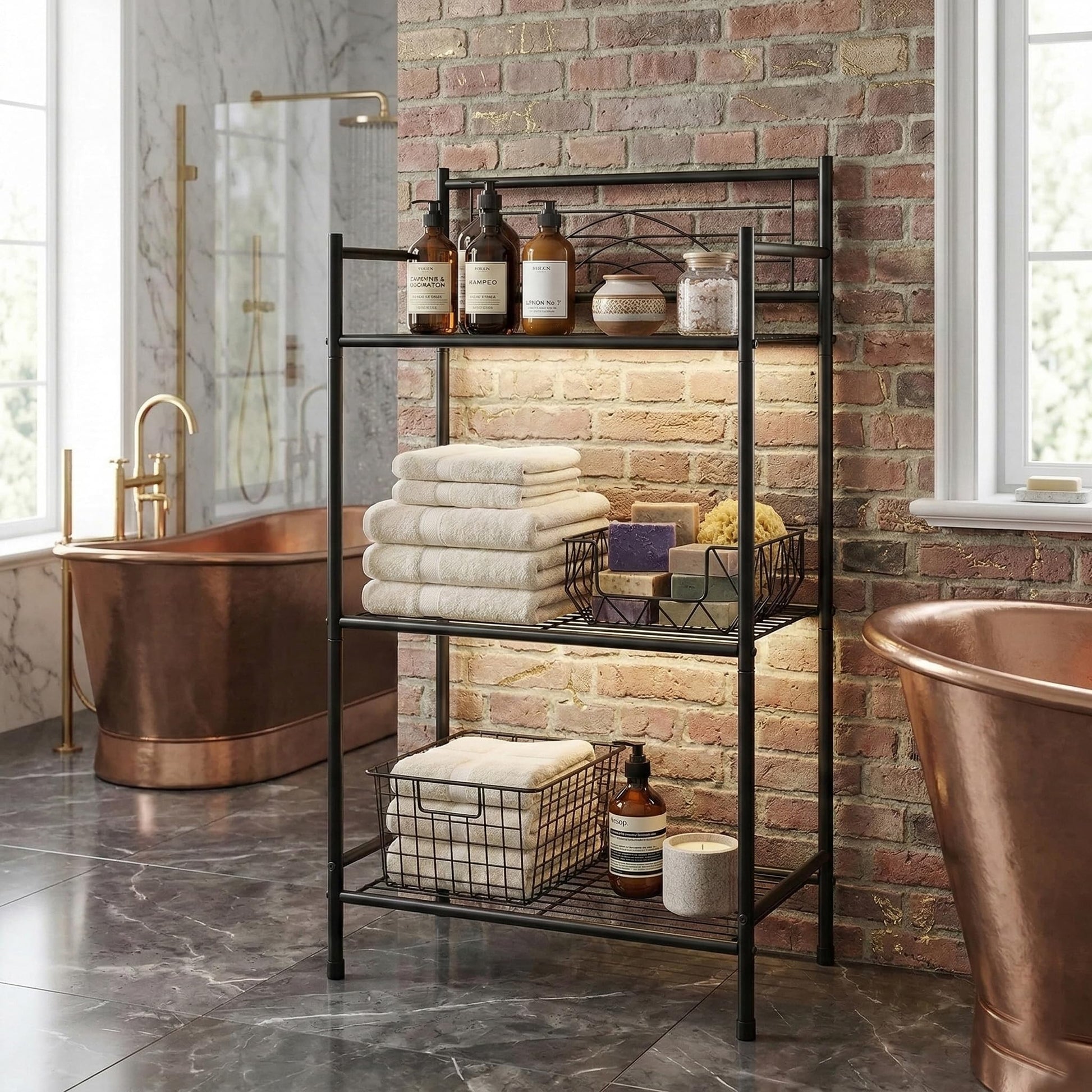 Bath Bliss 3 Tier Freestanding Bathroom Storage Shelf, Black Metal Organizer Rack | Rust Resistant