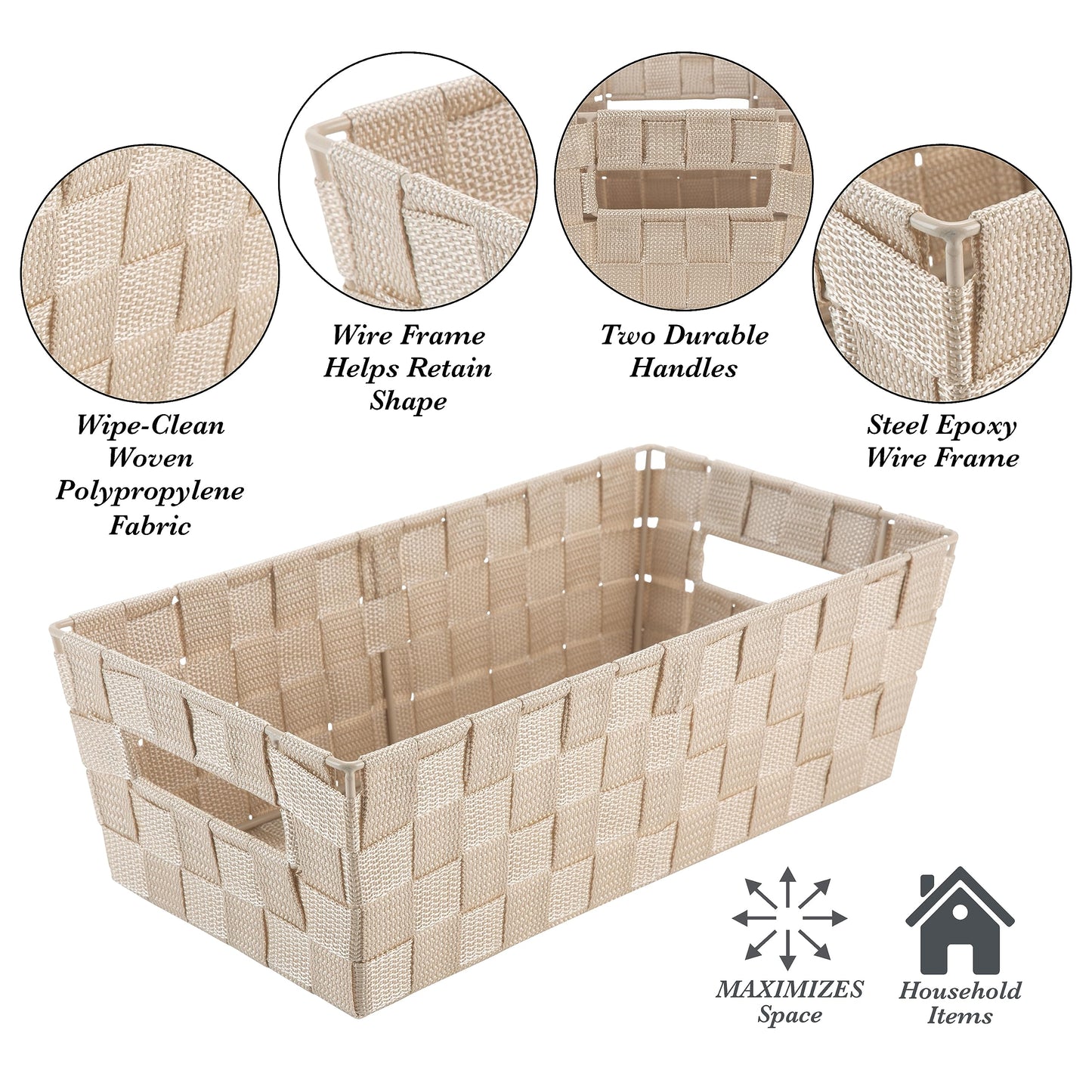 Simplify Extra Long Shelf Woven Strap Tote | Decorative Storage Basket | Built in Handles |