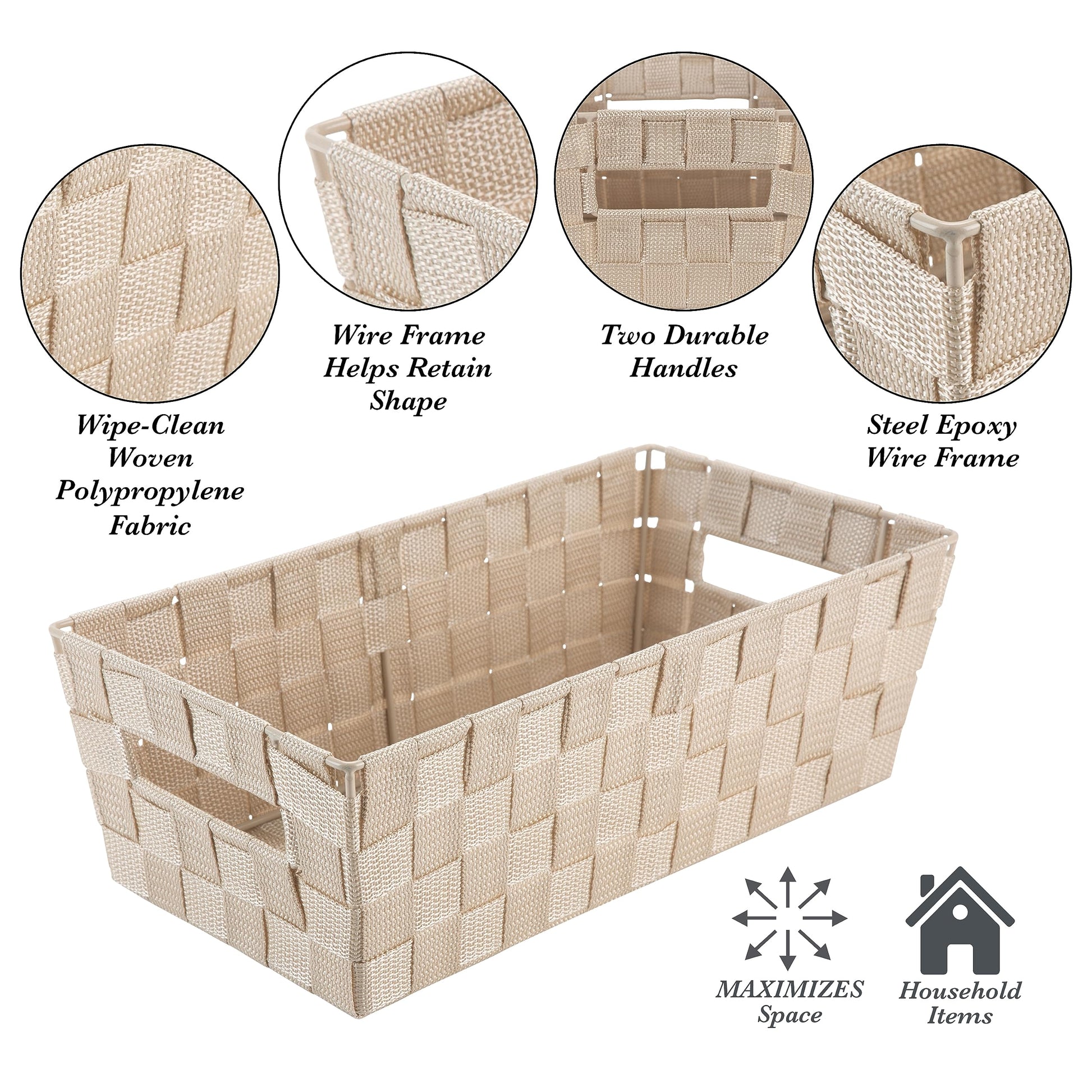 Simplify Extra Long Shelf Woven Strap Tote | Decorative Storage Basket | Built in Handles |