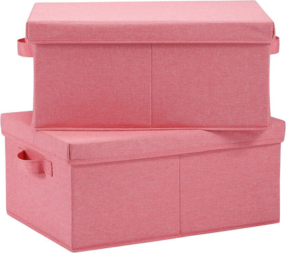 HOONEX Linen Foldable Storage Bins with Lids, 2 Pack, Storage Boxes with Carrying Handles and Sturdy Heavy Cardboard, 16.5" L x 11.8" W x 7.5" H for Shoes, Books, Clothes, Nursery, Pink