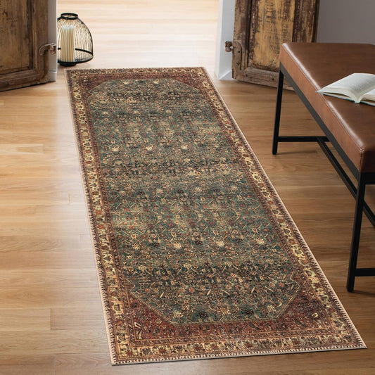 Keen Home Design 2x12 Rug - Machine Washable Runner with Non-Slip Backing, Ideal for Hallway, Entryway, Kitchen, Laundry Room - Vintage, Easy Clean, Durable, Low Pile Rug - (2'6" x 12')