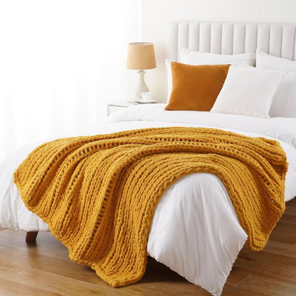 Battilo Chunky Knit Throw Blanket, Soft and Thick Chenille Throw Blanket, 50"x60" Handmade Cable Knit Crochet Blanket, Large Rope Knot Throw Blankets for Couch Sofa Bed Home Decor, Mustard