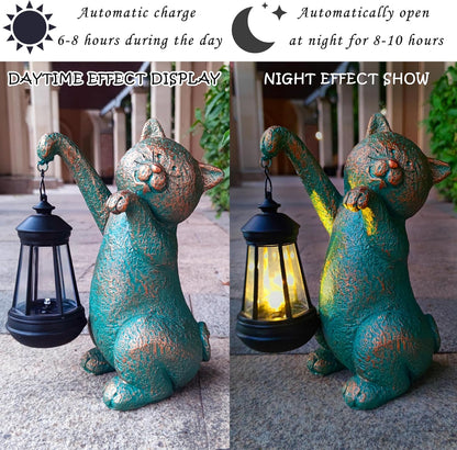 JOYBEE Garden Statues Cat with Solar Lantern Outdoor Decor-Cat Solar Figurines Lights Decorations for Patio Yard Lawn Ornaments-Gifts for Birthday Easter Housewarming