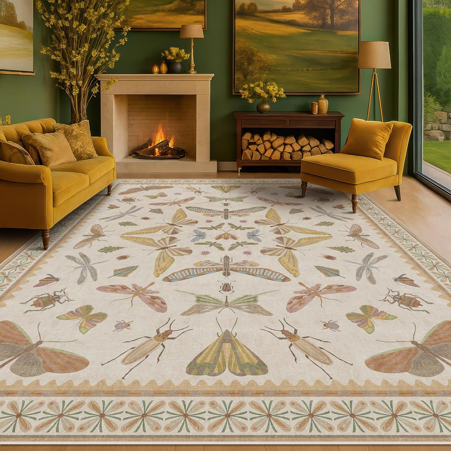 8x10 Fun Rugs For Bedroom - Maximalist Rug for Living Room, Playroom, Dining Room Under Kitchen Table, Washable Soft Stain Resistant Low Pile, Butterfly Insect Floral Cottage Decor, Beige & Yellow